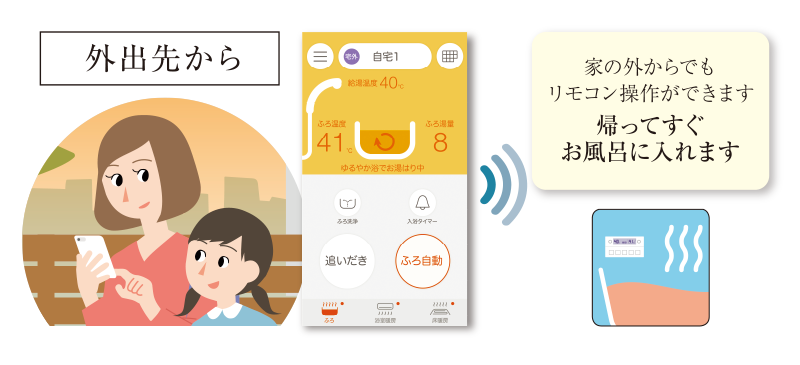 外出先から 家の外からでもリモコン操作ができます 帰ってすぐお風呂に入れます